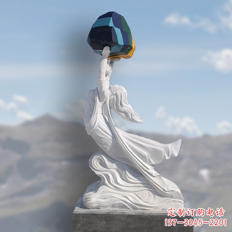 河南汉白玉女娲补天石雕雕塑摆件