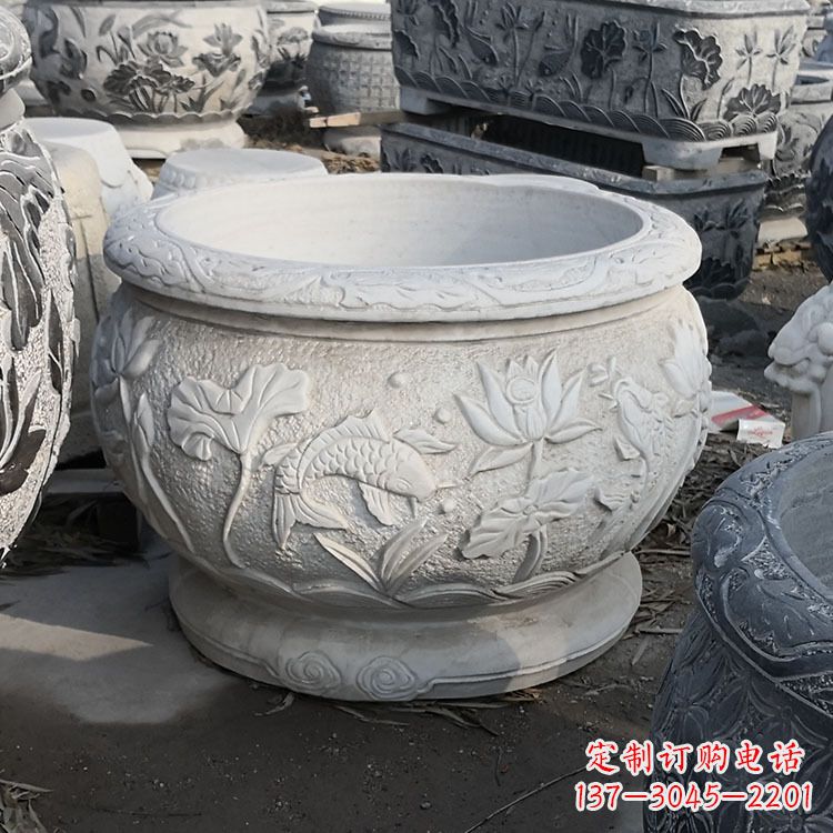 河南中领雕塑汉白玉石鱼缸雕塑,是一种精美的装…