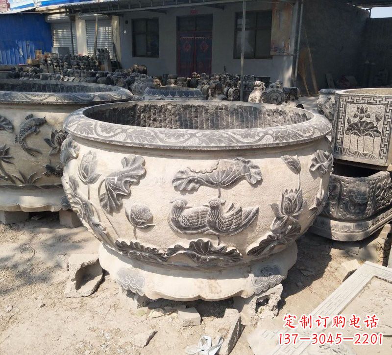 河南传统艺术、高雅精致,荷花鸳鸯石水缸精美雕塑