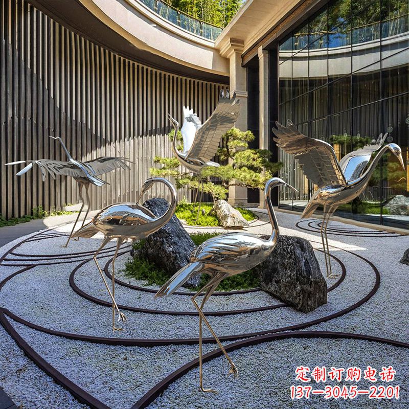 河南镜面不锈钢仙鹤雕塑,别墅庭院室内动物装饰摆件