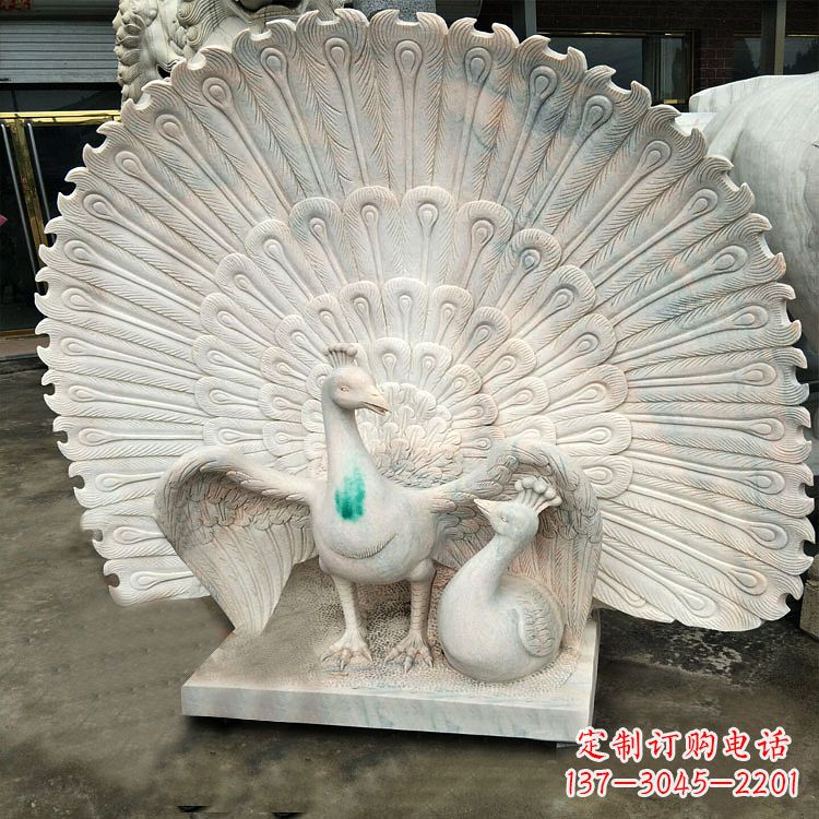 河南汉白玉孔雀雕塑,传统工艺精致塑造