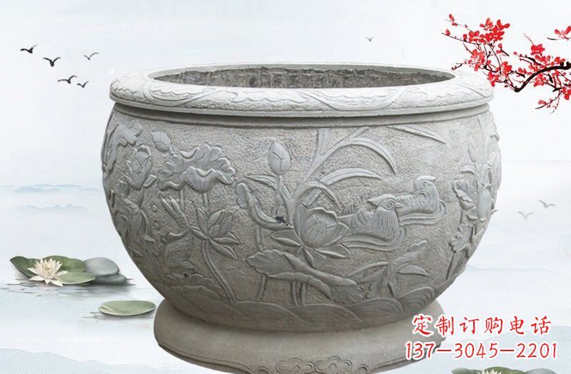 河南连年有余浮雕水缸石雕