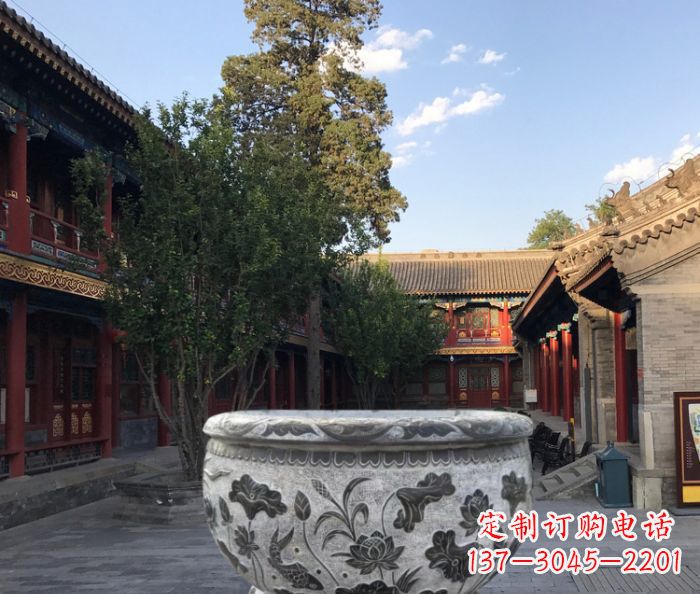 河南连年有鱼石浮雕圆形荷花水缸