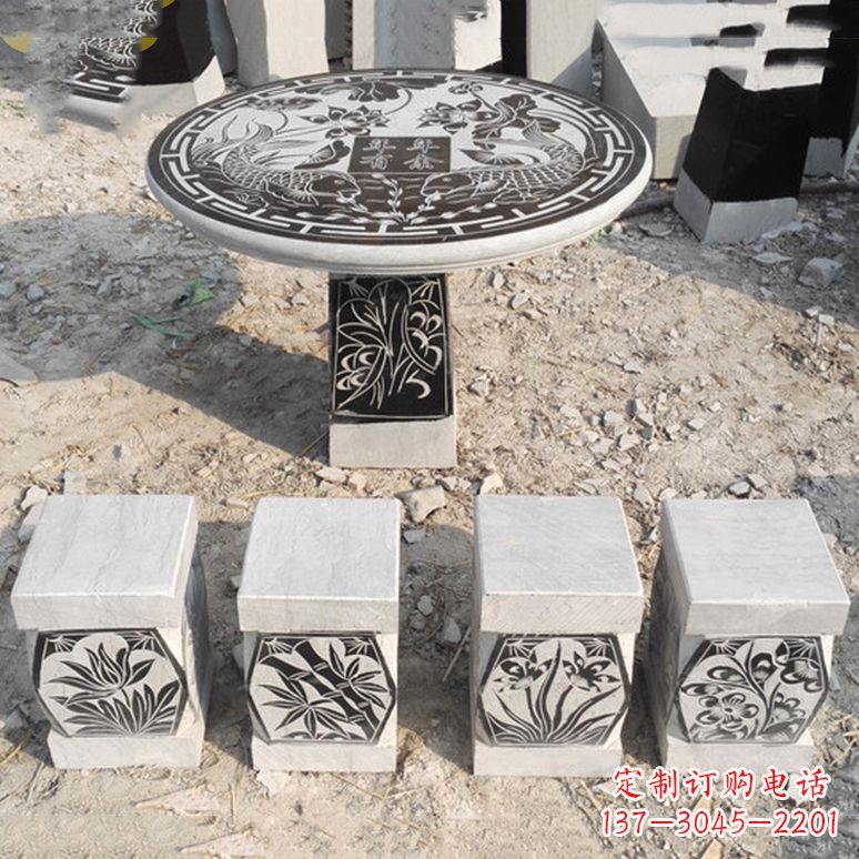 河南梅兰竹菊仿古方石桌凳雕塑,古朴典雅