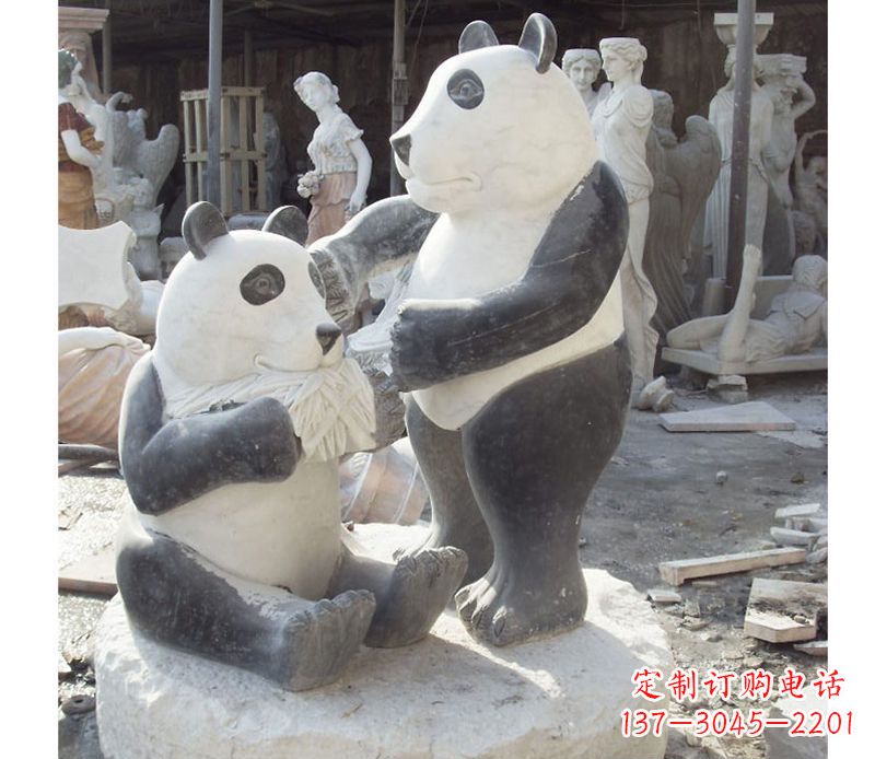 河南母子熊猫石雕,传达真挚的亲情