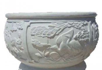 河南汉白玉松鹤延年浮雕水缸，带给您无尽的岁月美景