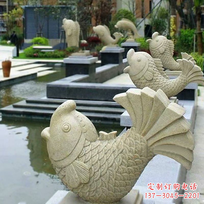 河南喷水鱼砂岩石雕-园林水池雕塑