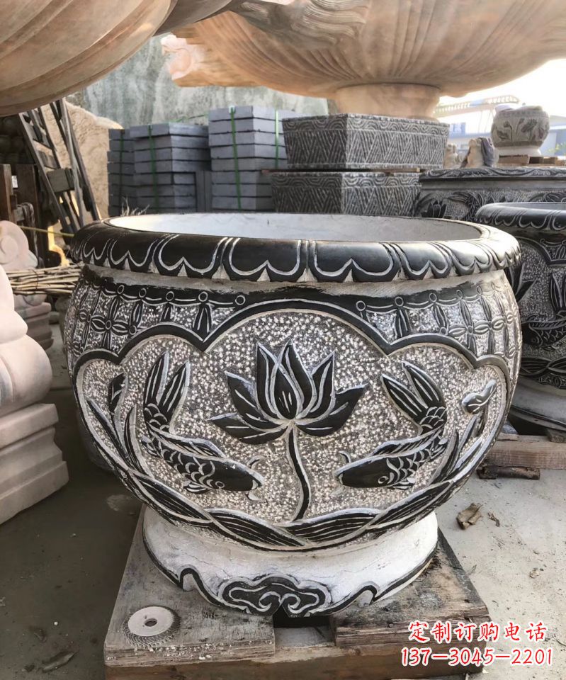 河南青石仿古荷花水缸雕塑