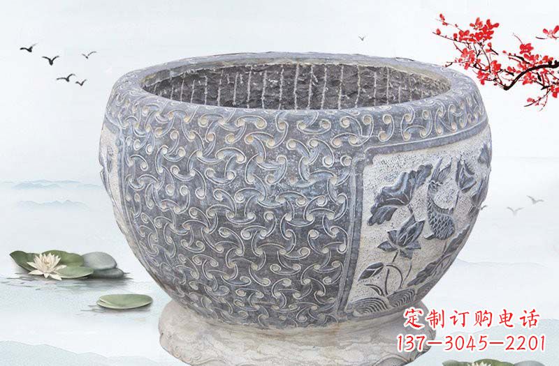 河南青石仿古鲤鱼浮雕水缸,精致雕塑设计