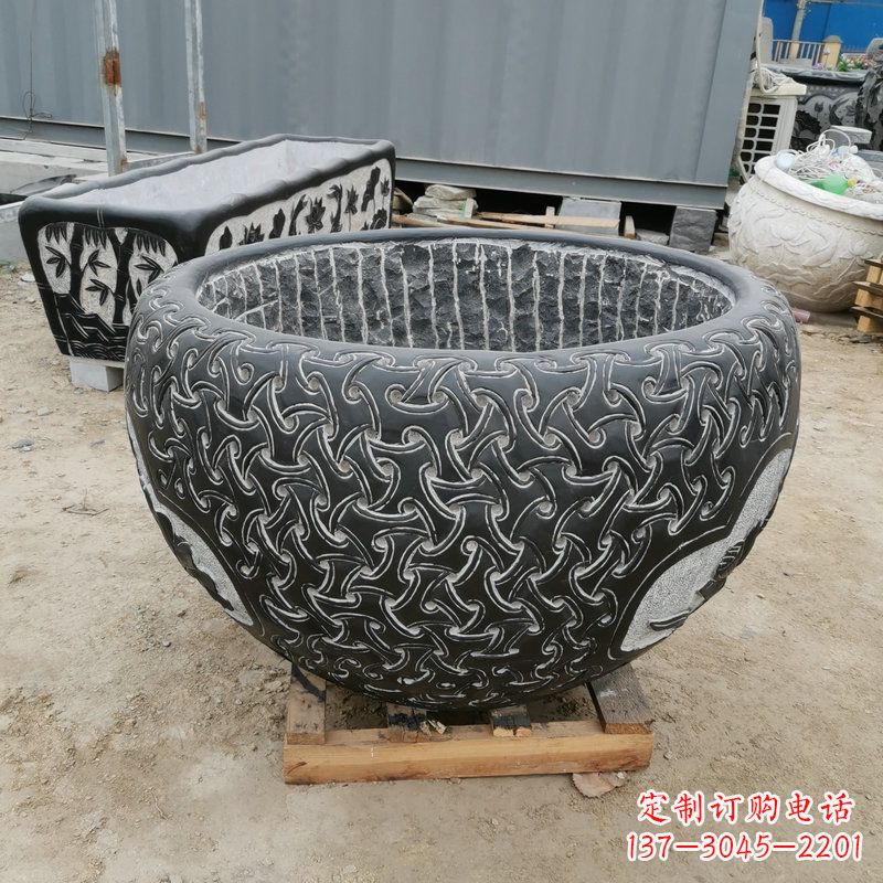 河南青石复古风花盆雕塑