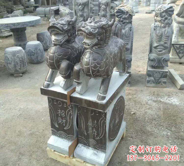 河南精美的青石门口麒麟雕塑