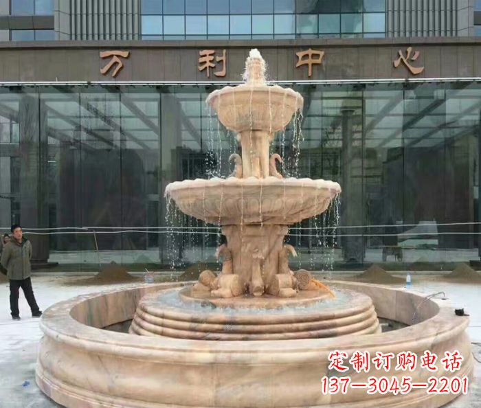 河南晚霞红三层欧式喷泉石雕—来自中领雕塑的艺术匠心品质