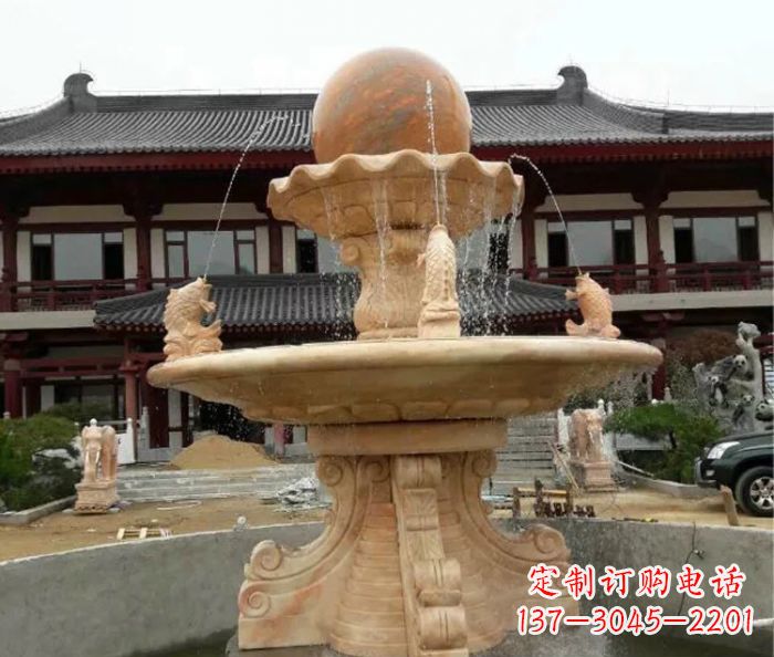 河南双层风水球喷泉晚霞红石雕