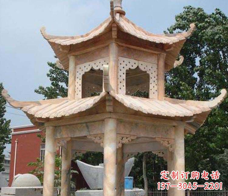 河南双层晚霞红凉亭石雕