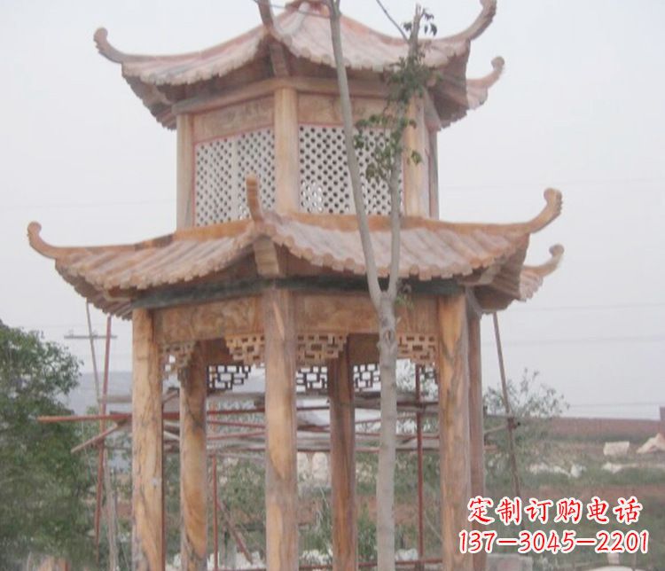河南双层晚霞红石凉亭石雕 (2)
