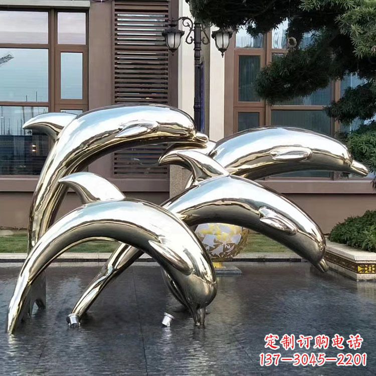 河南水景不锈钢海豚雕塑-城市广场创意动物雕塑