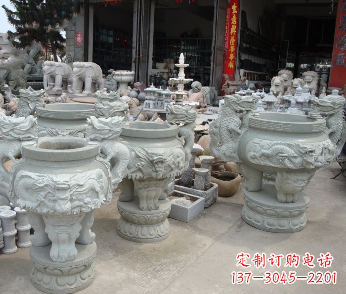 河南寺庙景观龙头石雕水缸