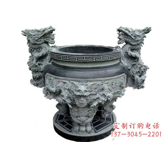 河南寺庙景观龙头水缸石雕 (2)