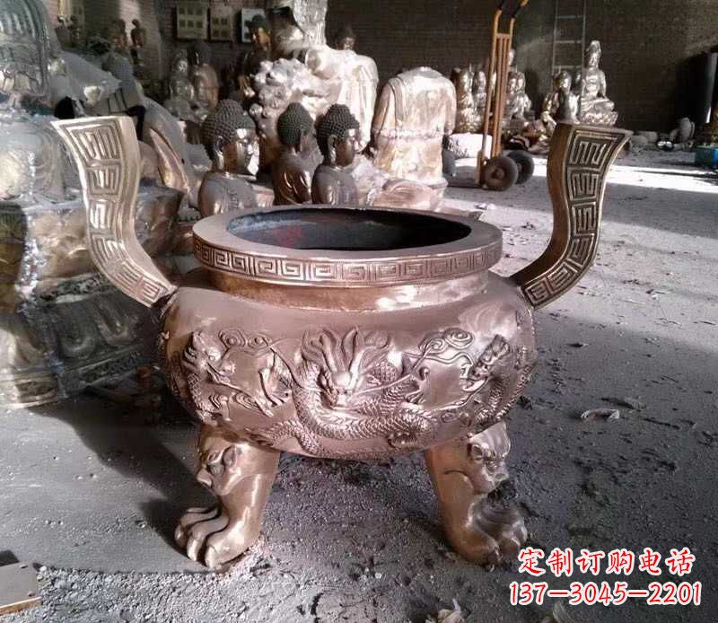 河南寺庙龙浮雕圆铜雕香炉