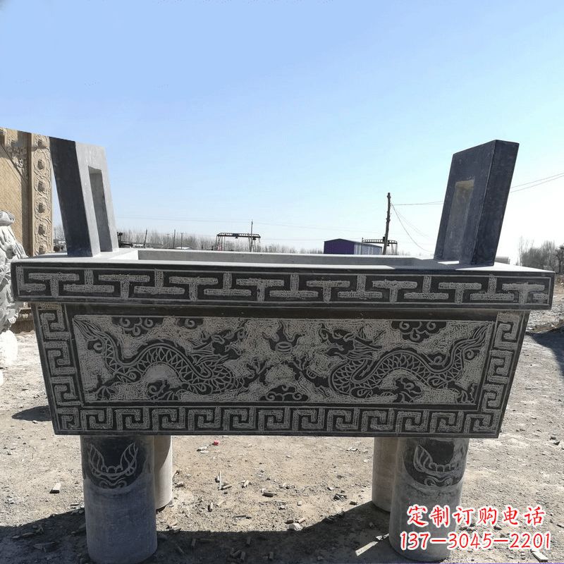 河南寺庙墓地祭祀四足方鼎,青石仿古石雕香炉