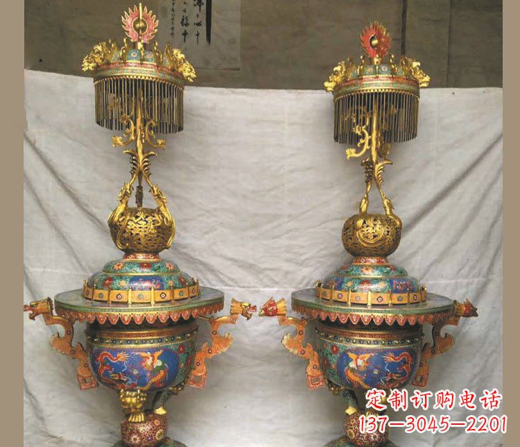 河南铜雕彩绘香炉景观摆件