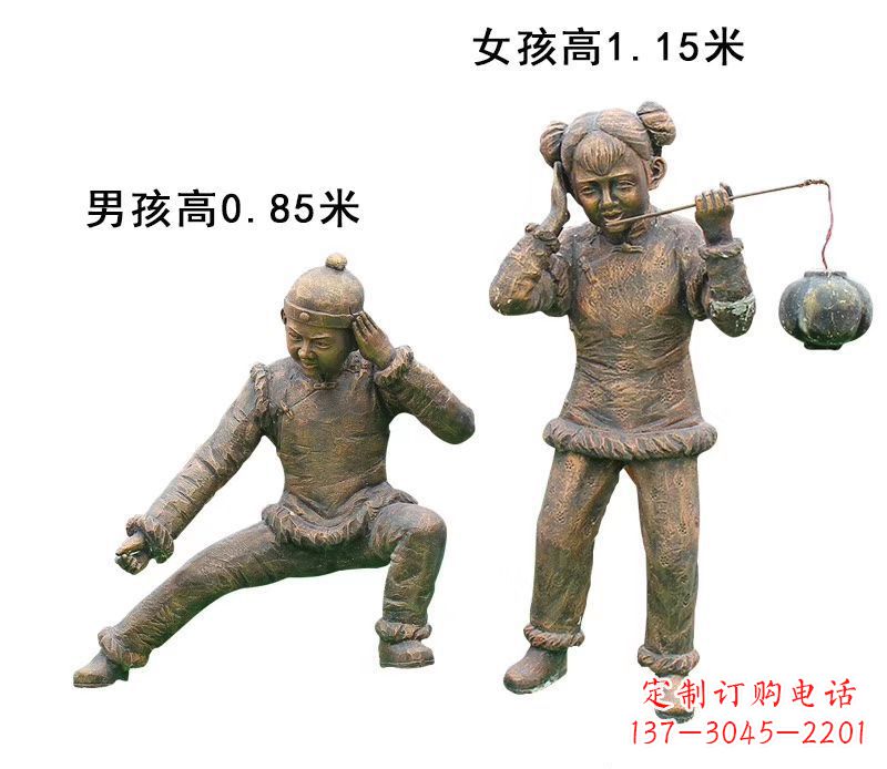 河南铜雕放鞭炮的儿童童趣雕塑