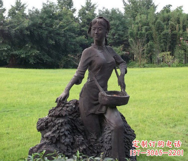 河南铜雕园林采茶女孩人物雕塑