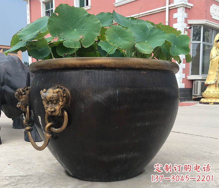 河南铜雕圆形荷花水缸雕塑 (3)