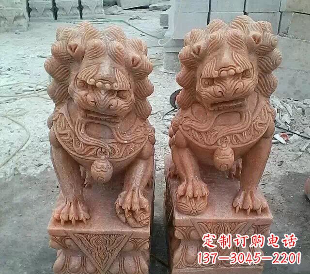 河南晚霞红传统狮子石雕