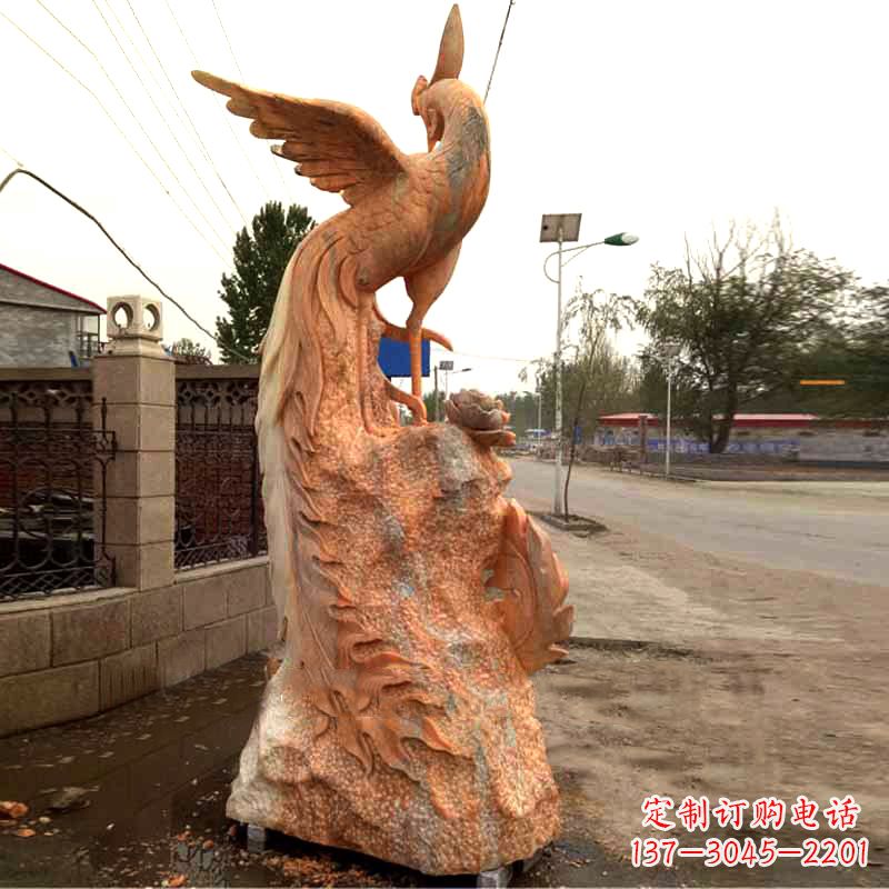 河南晚霞红大理石瑞鸟凤凰雕塑