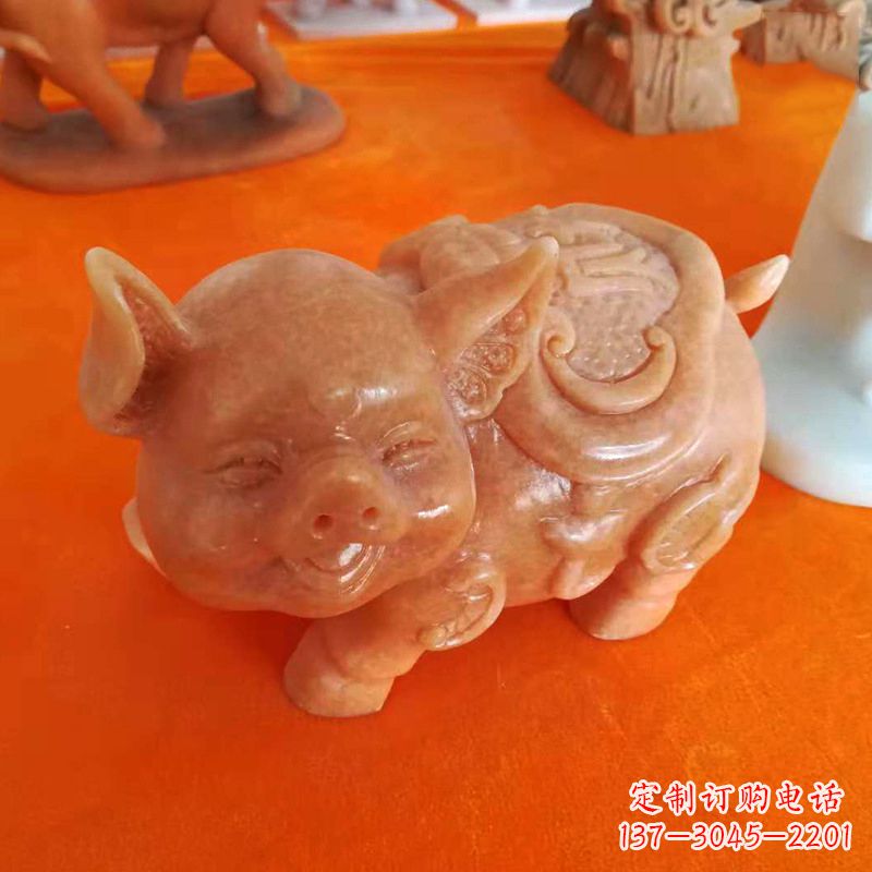 河南晚霞红大理石招财猪雕塑-企业商场创意生肖动物风水摆件
