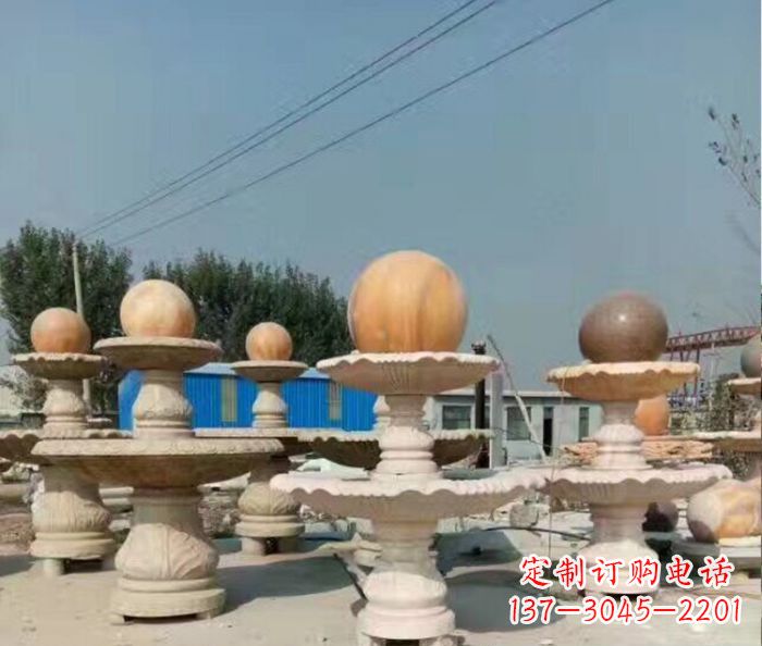 河南晚霞红多层风水球喷泉石雕