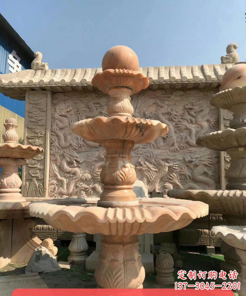 河南晚霞红风水球石雕喷泉