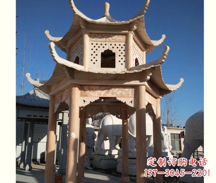 河南晚霞红公园双层六角凉亭石雕 (2)