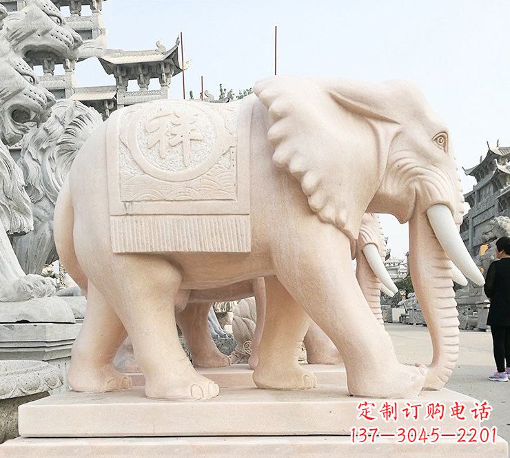 河南晚霞红吉祥如意大象石雕