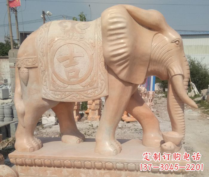 河南晚霞红吉祥如意门口大象石雕 (2)