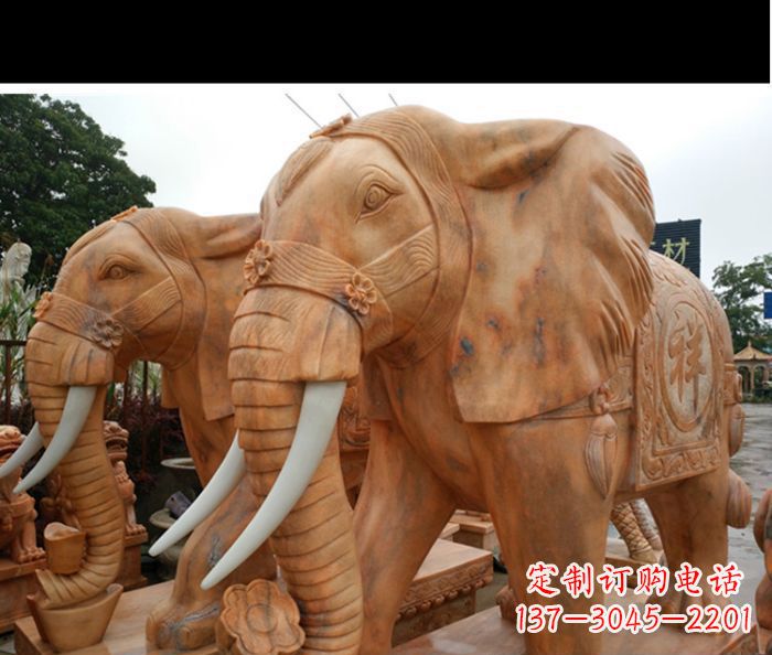 河南晚霞红吉祥如意门口镇宅招财大象石雕 (3)