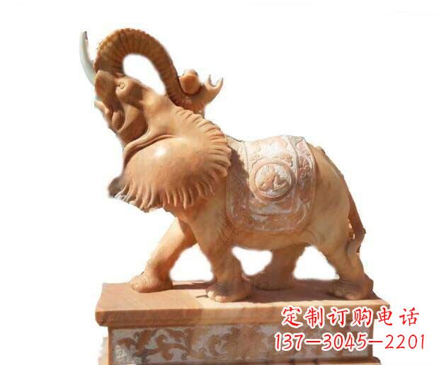 河南晚霞红吉祥如意象鼻朝天的大象石雕