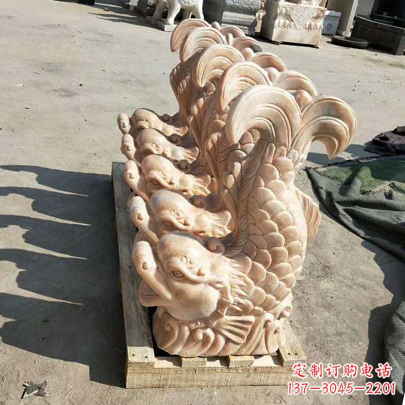 河南晚霞红喷水鱼石雕-园林水景喷泉动物雕塑摆件
