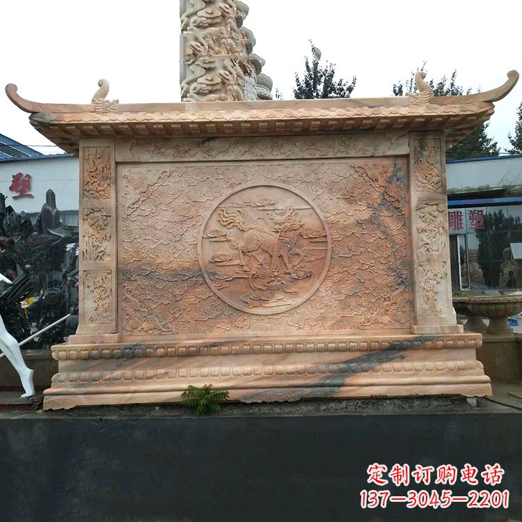 河南晚霞红麒麟影壁墙石雕