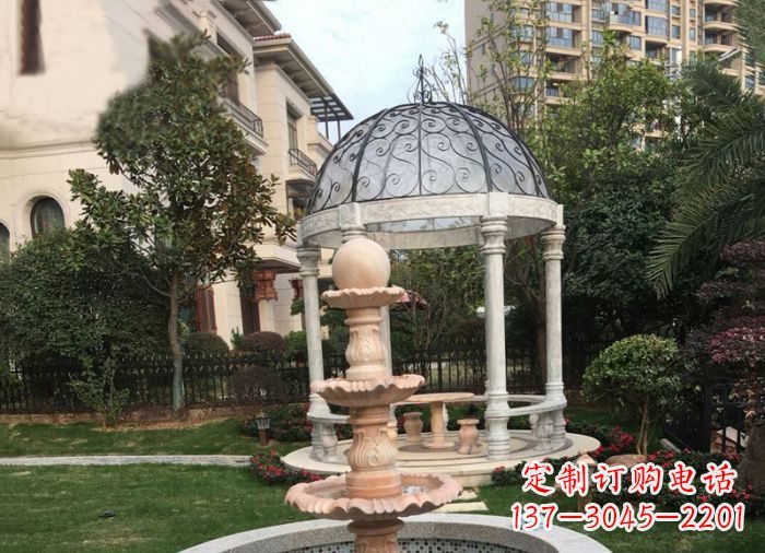 河南晚霞红三层风水球喷泉小区石雕