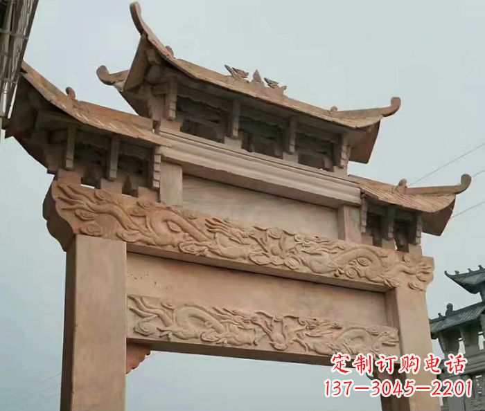 河南晚霞红石雕单门牌坊