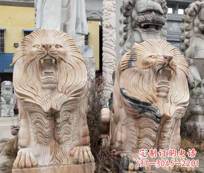 河南晚霞红石雕欧式石狮子