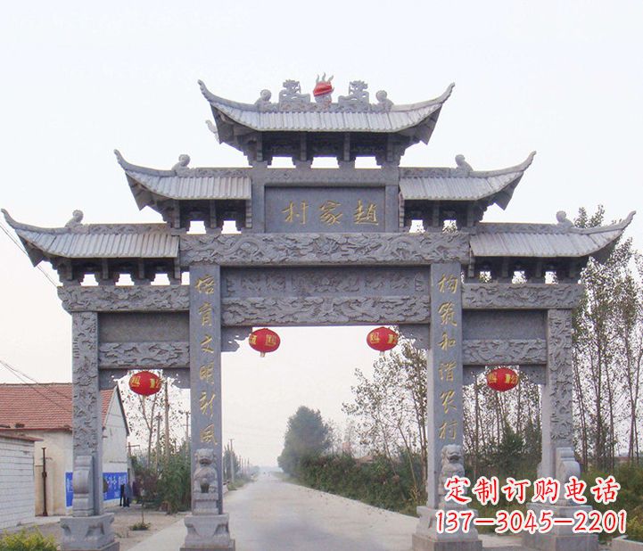 河南晚霞红石雕牌坊