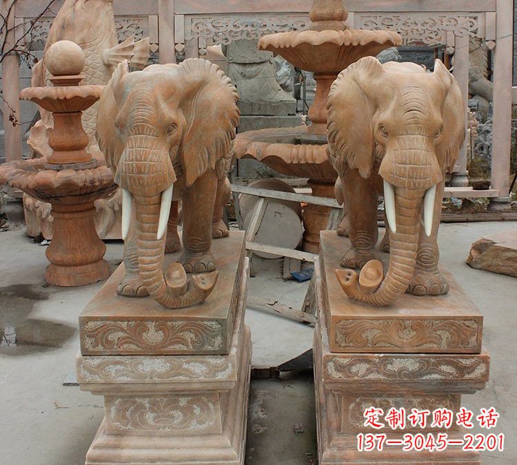 河南晚霞红石雕元宝大象