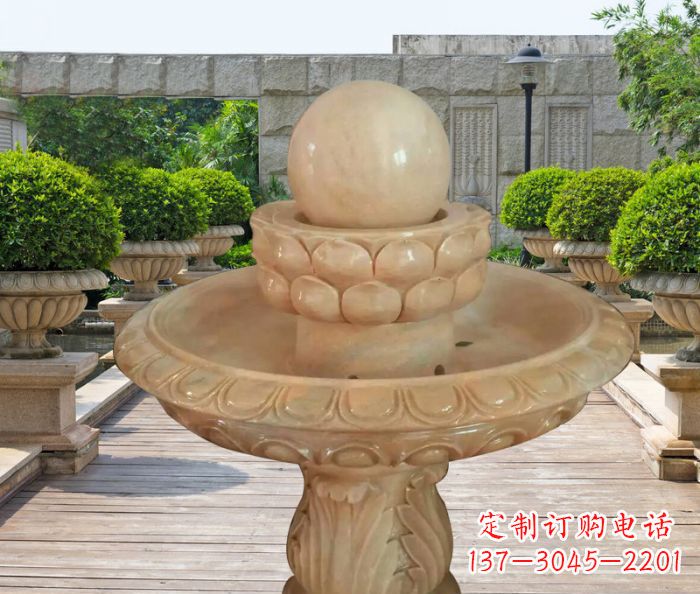 河南晚霞红双层风水球公园喷泉石雕 (2)
