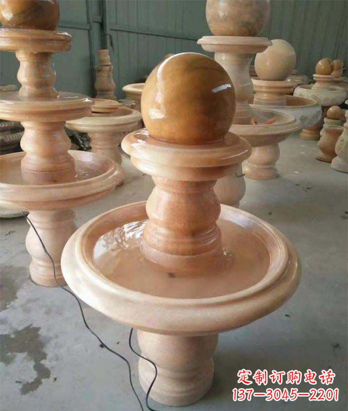 河南晚霞红双层风水球别墅喷泉石雕