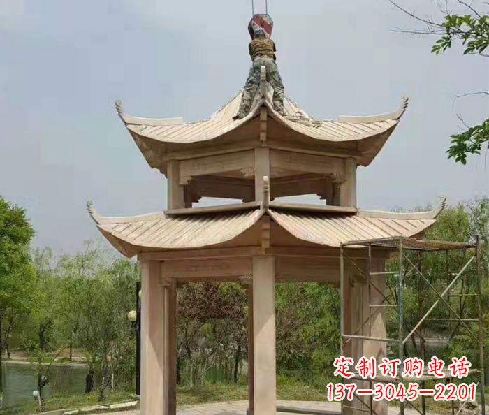 河南晚霞红双层凉亭石雕 (2)