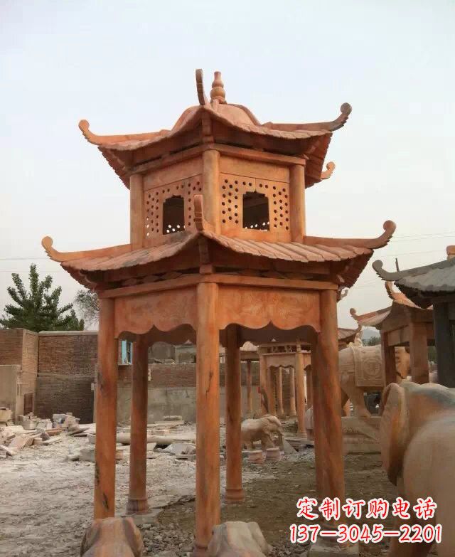 河南晚霞红双层凉亭石雕