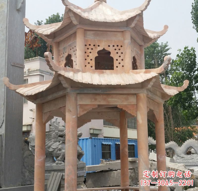 河南晚霞红双层六角凉亭石雕 (2)